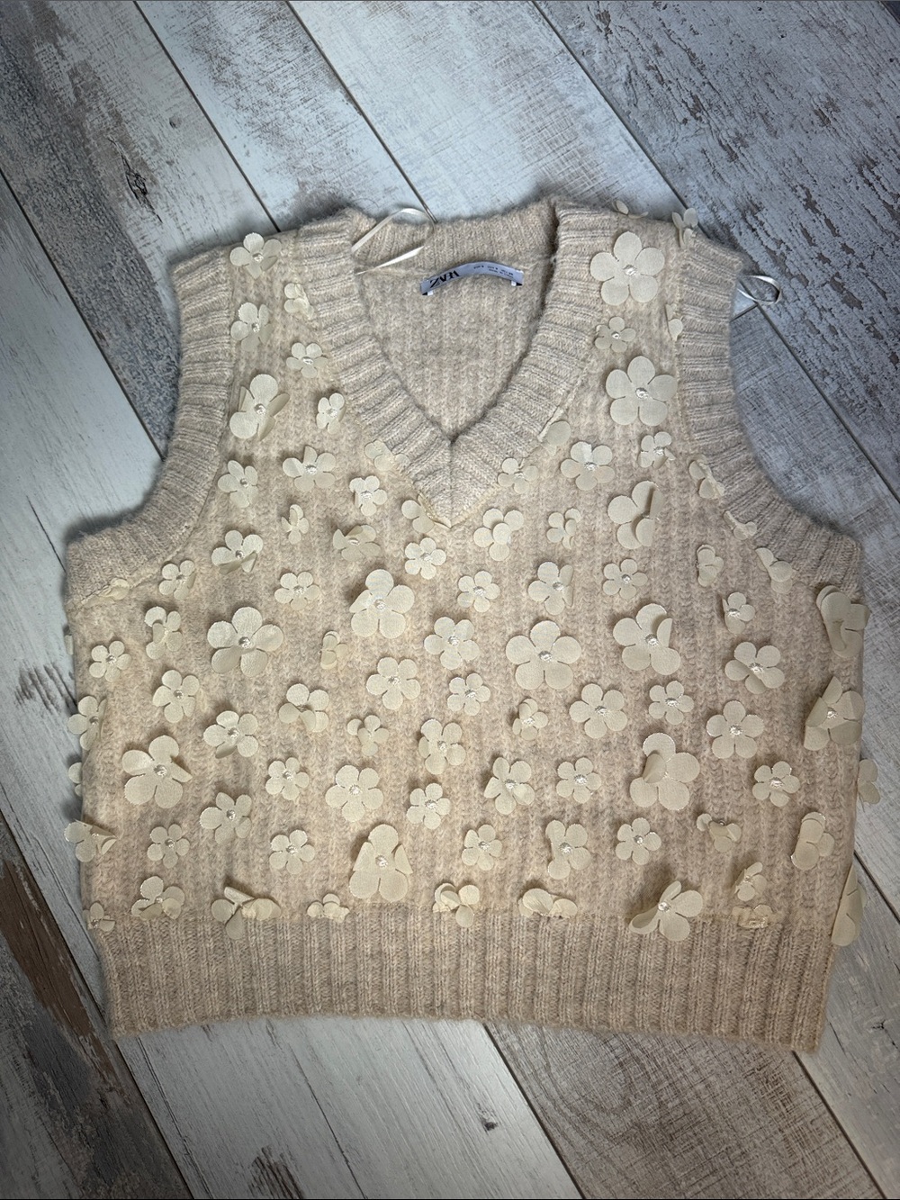 ZARA Floral Appliqué Knit Sweater Vest Sand  Sizes S